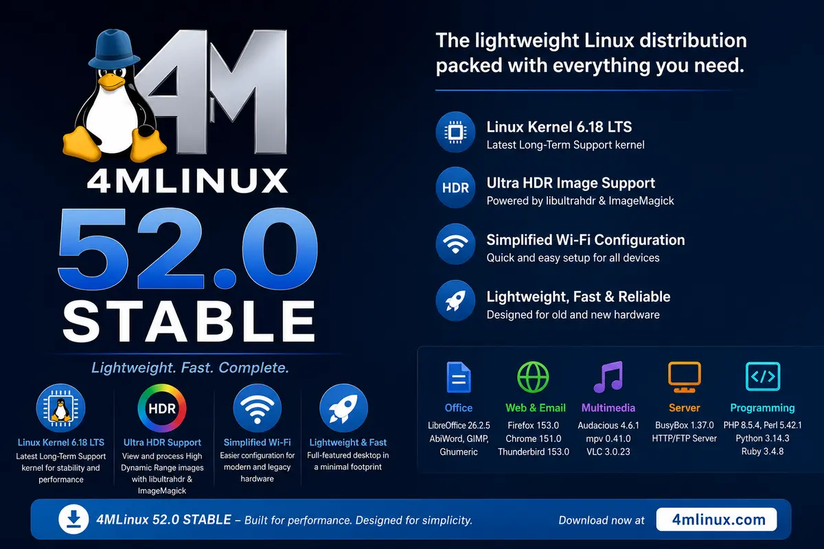 4MLinux 52.0 STABLE desktop showing updated applications and the JWM desktop environment