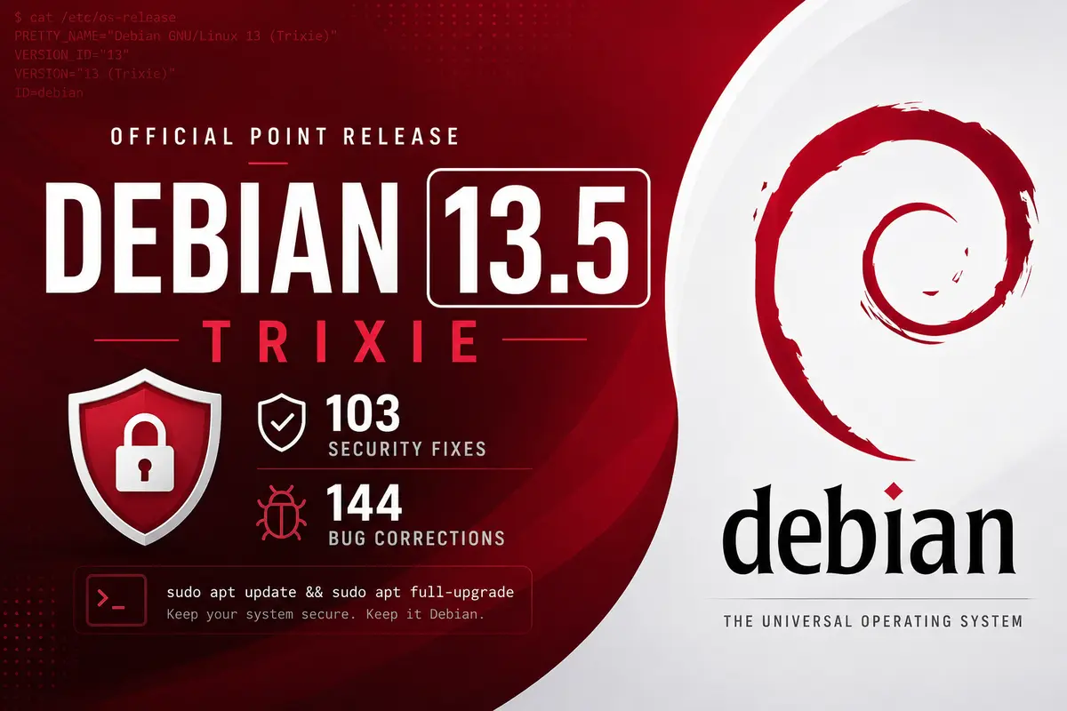 Debian 13.5 Trixie point release with the Debian swirl logo