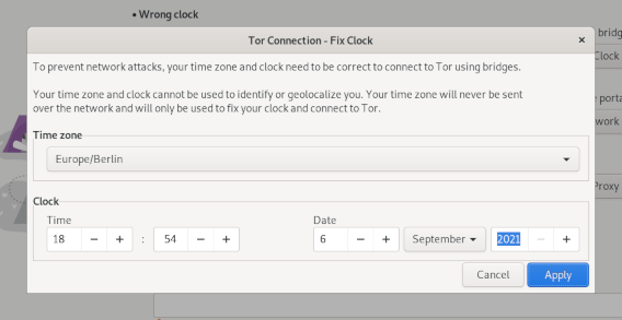 Fixing time manually if Tor connection fails