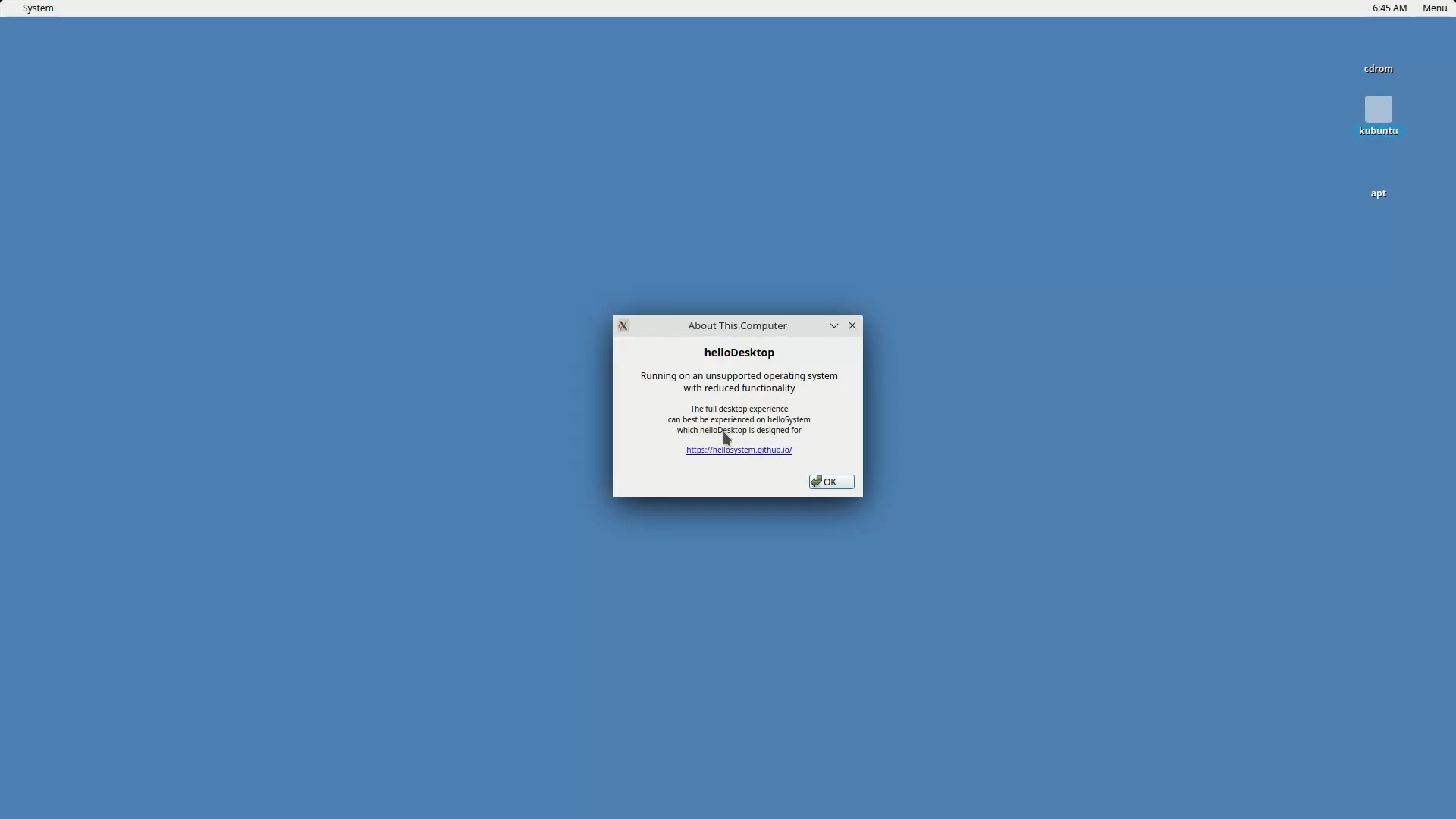 helloSystem about dialog in Kubuntu