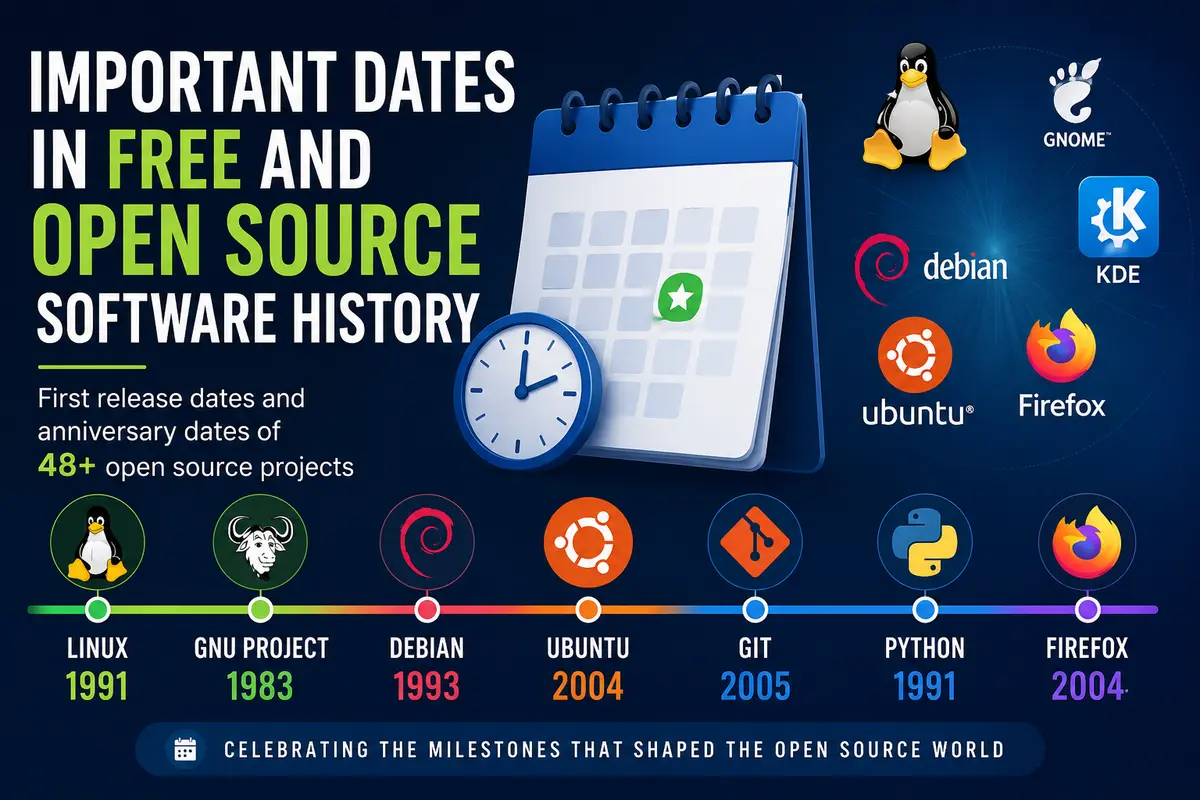 Timeline of important dates in free and open source software history — Linux, GNOME, KDE, Debian, Ubuntu, Git, Python and more