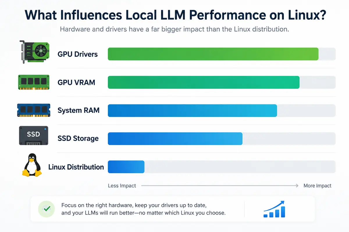 Infographic showing the main factors that affect local LLM performance on Linux