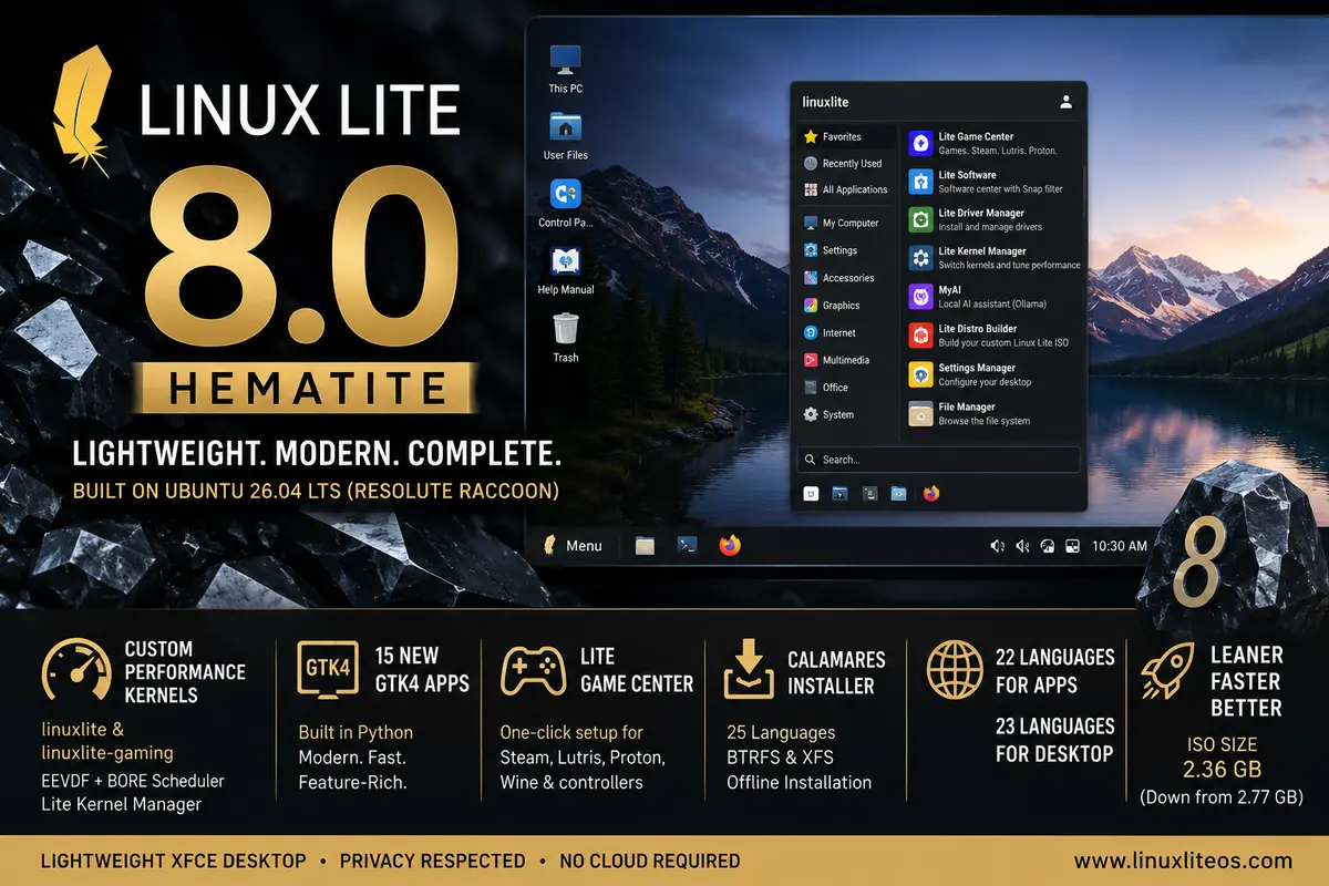 Linux Lite 8.0 Hematite desktop with XFCE GTK4 theme, Papirus icons, and Lite Widget