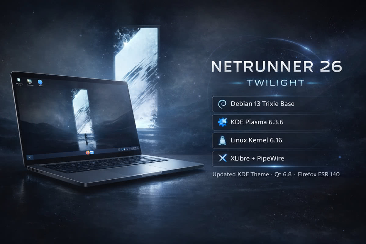 Netrunner 26 Twilight desktop with KDE Plasma 6.3 running on Debian 13 Trixie