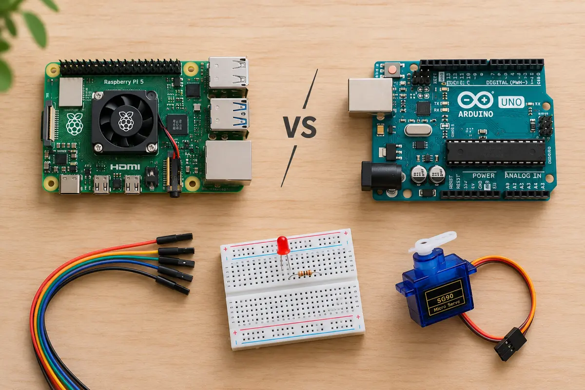Raspberry Pi vs Arduino: a Raspberry Pi 5 single-board computer next to an Arduino UNO microcontroller board