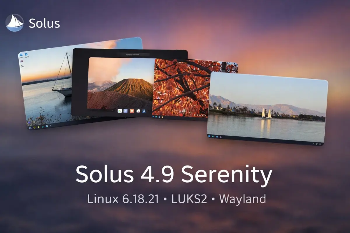 Solus 4.9 Serenity desktop environments Budgie GNOME Plasma Xfce screenshot