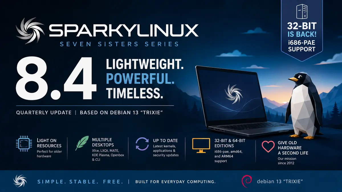 SparkyLinux 8.4 desktop screenshot showing the Xfce desktop environment with the Seven Sisters release branding