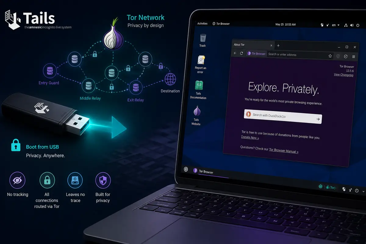 Tails Linux privacy OS running from a USB stick with Tor network visualization