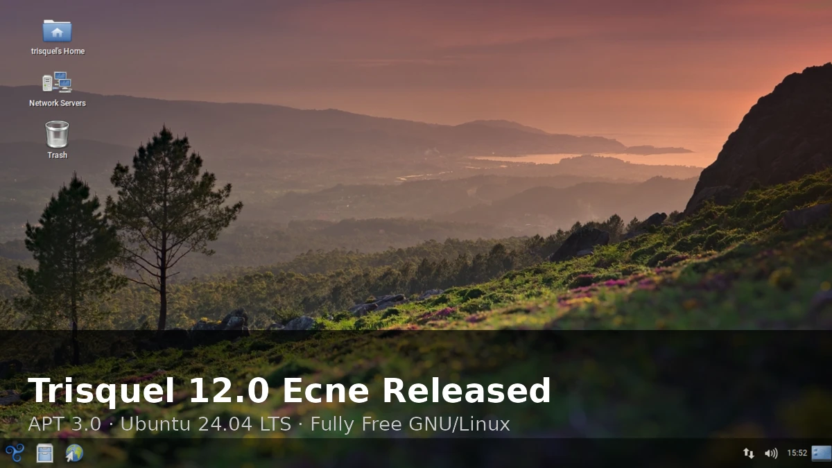 Trisquel 12.0 Ecne release featuring MATE desktop on a fully free GNU/Linux system