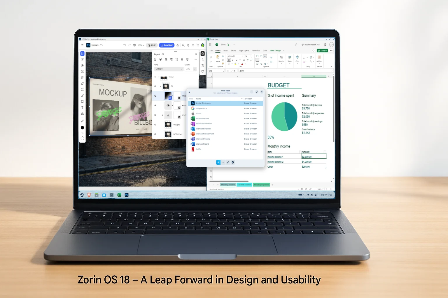 Zorin OS 18 running Adobe Photoshop and MS Exel