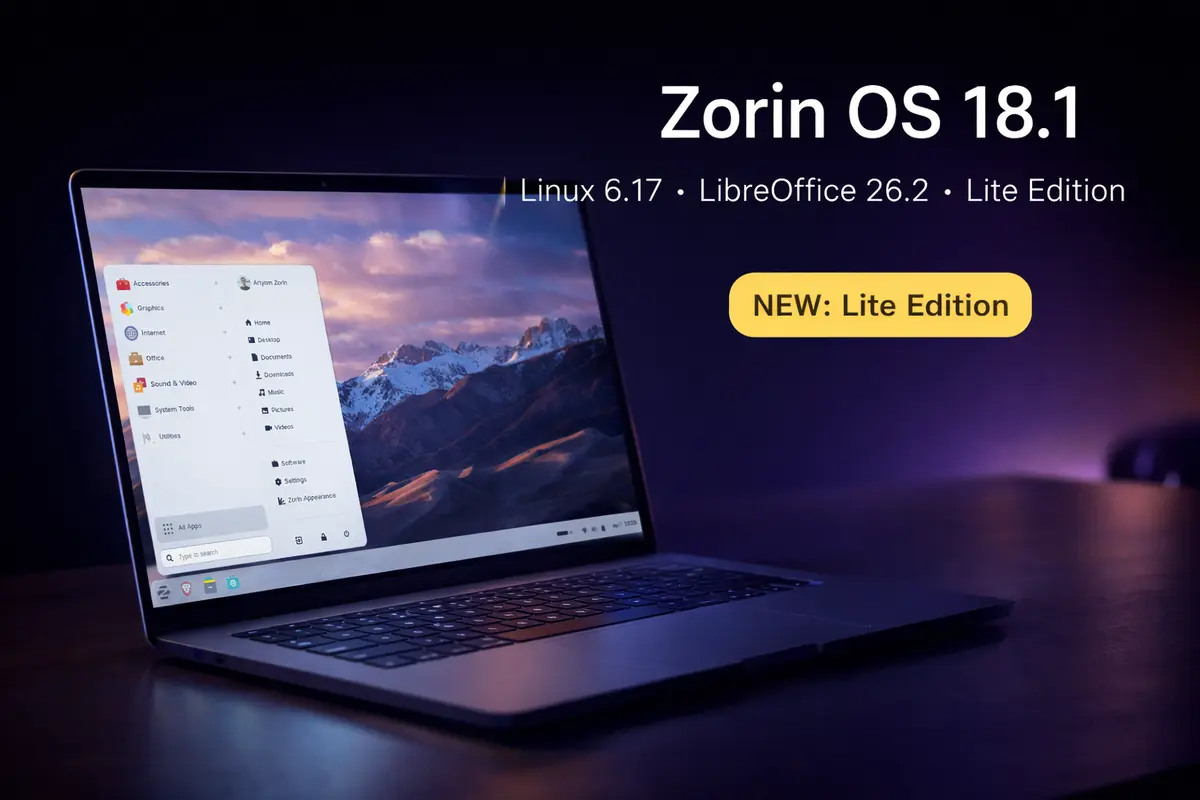 Zorin OS 18.1 desktop on a laptop showing the updated panel and app layout