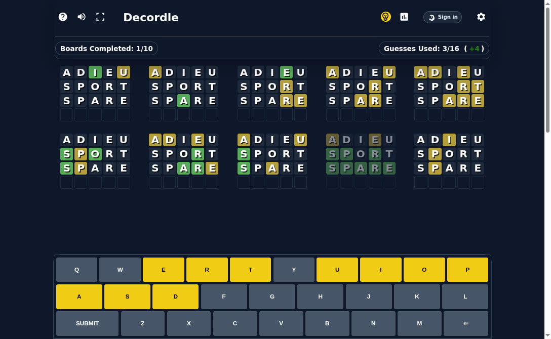 Decordle game preview showing multiple word guess grids