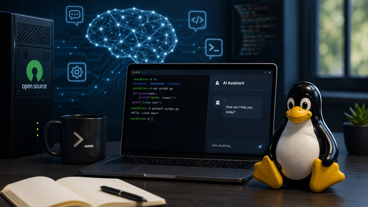 Tux the Linux mascot beside a laptop showing an AI assistant chat interface, with open-source and neural network icons in the background