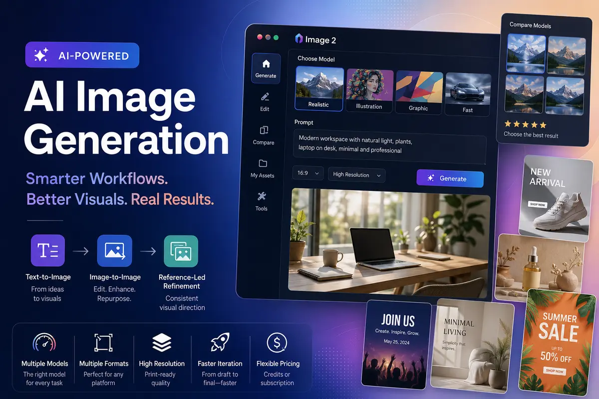 AI image generation workflow showing text-to-image, image editing, and model comparison tools on a creative dashboard