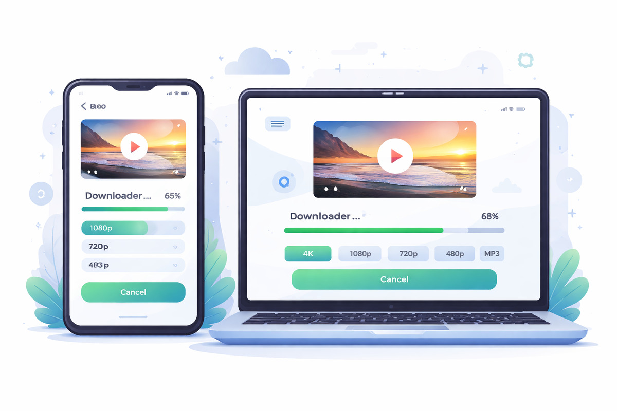 A collage of popular video downloader app icons on an Android and desktop screen in 2026