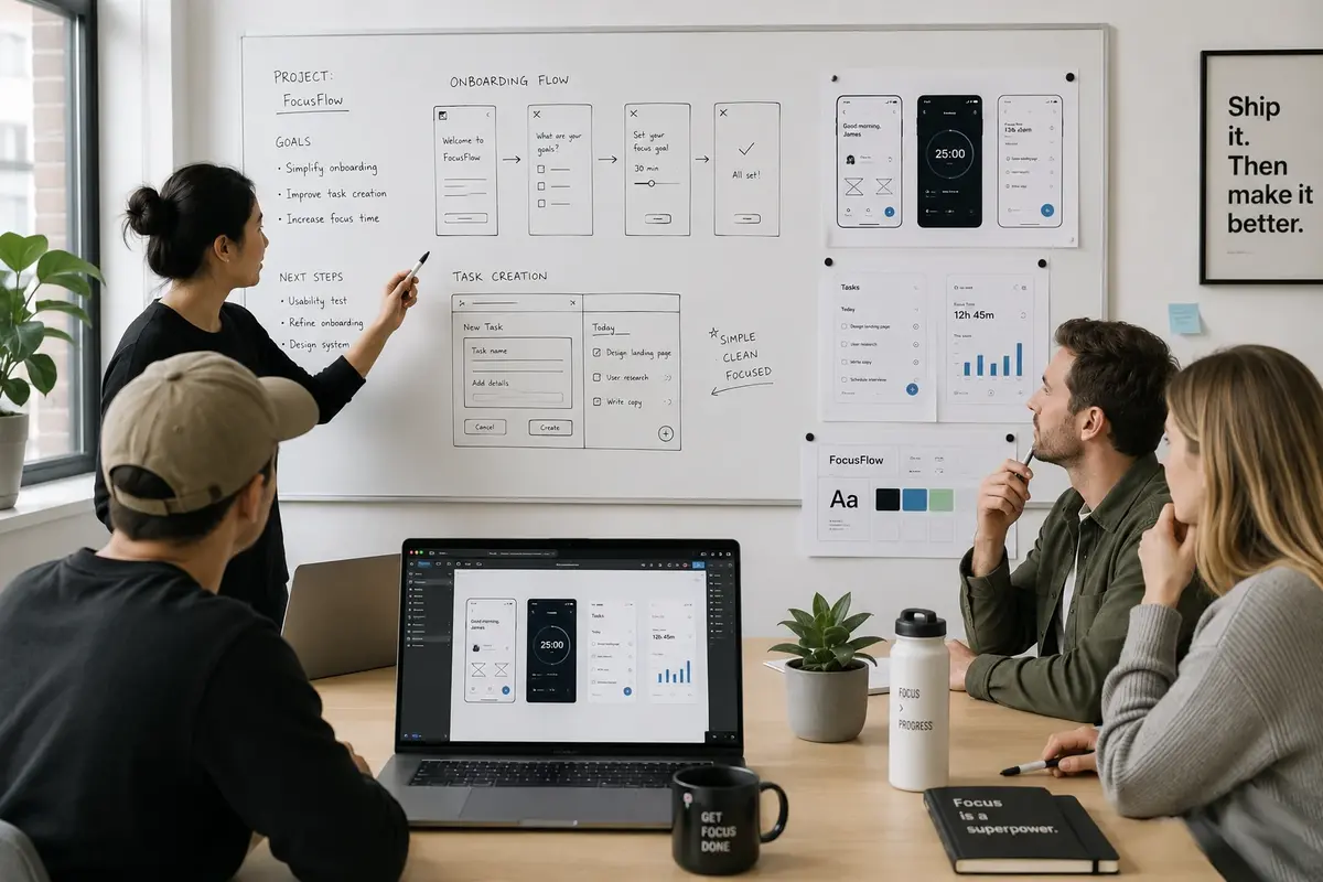 A team reviewing UI wireframes and prototypes on a whiteboard during a product design session