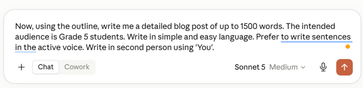 A screenshot showing a Claude prompt used to generate a blog post first draft