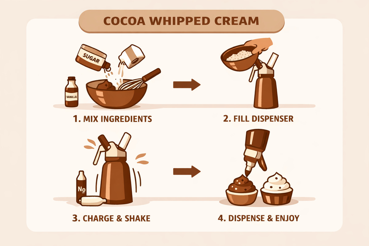Illustration of a structured cocoa whipped cream preparation process with labeled steps, minimal flat design, warm brown and white tones