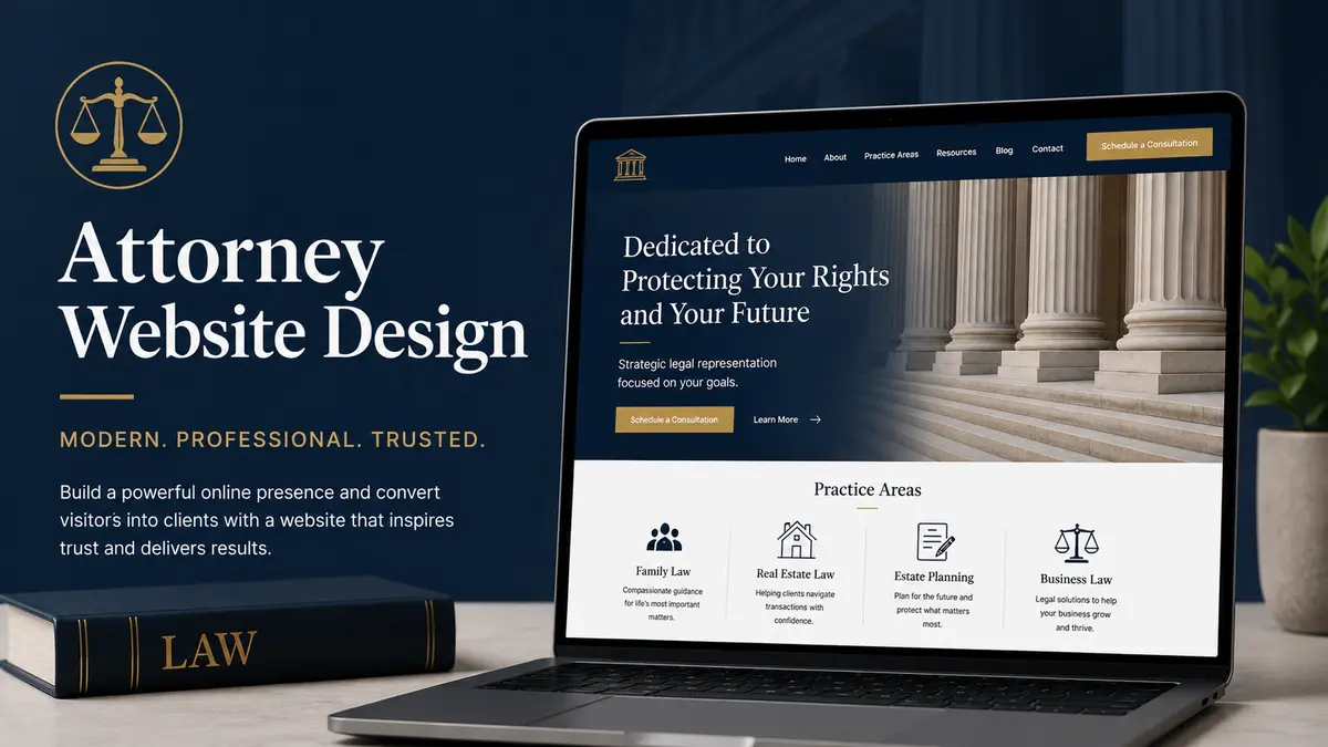 A clean, organized attorney website homepage showing structured navigation, a professional biography section, and clearly labeled practice area cards