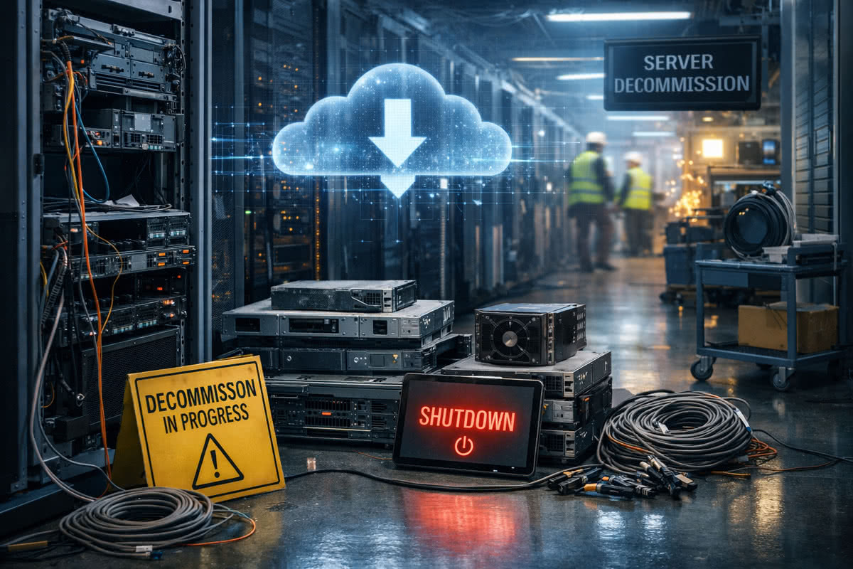Data center decommissioning infrastructure and server shutdown concept