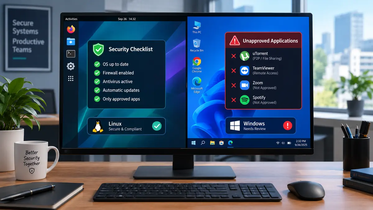 A dual-boot workstation in a shared office showing two operating systems side by side with a list of unapproved applications