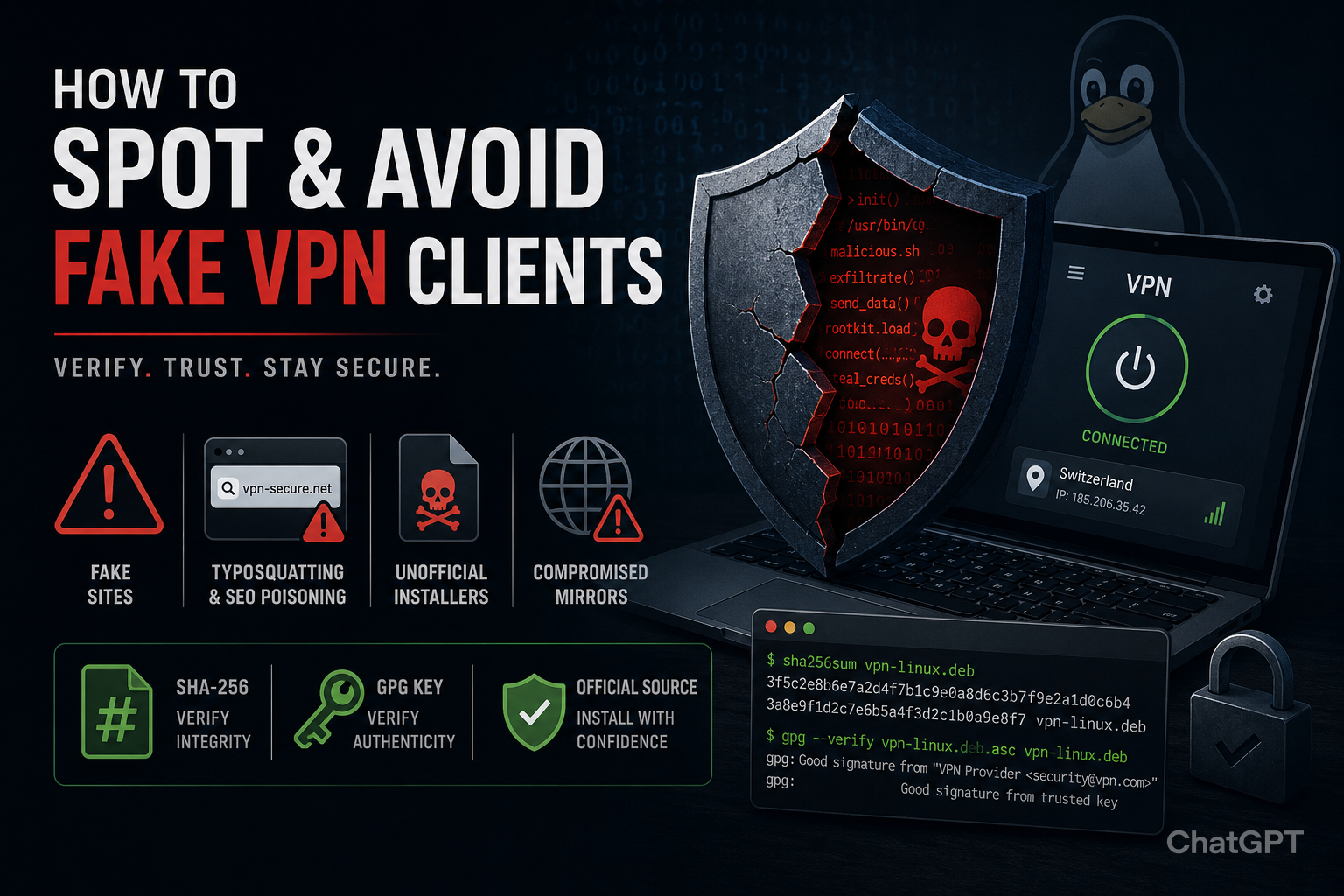 A diagram showing the warning signs of fake VPN clients on Linux