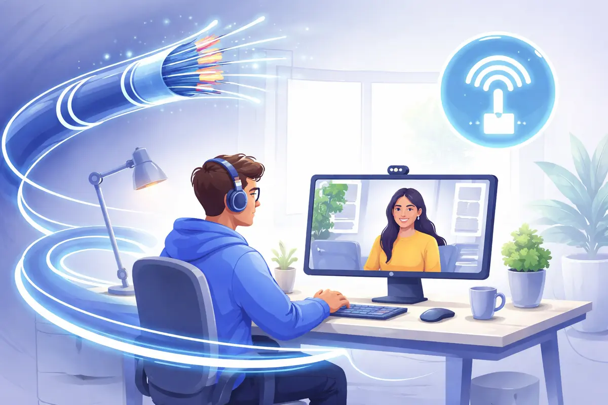 A professional working from home connected via fiber internet on a laptop