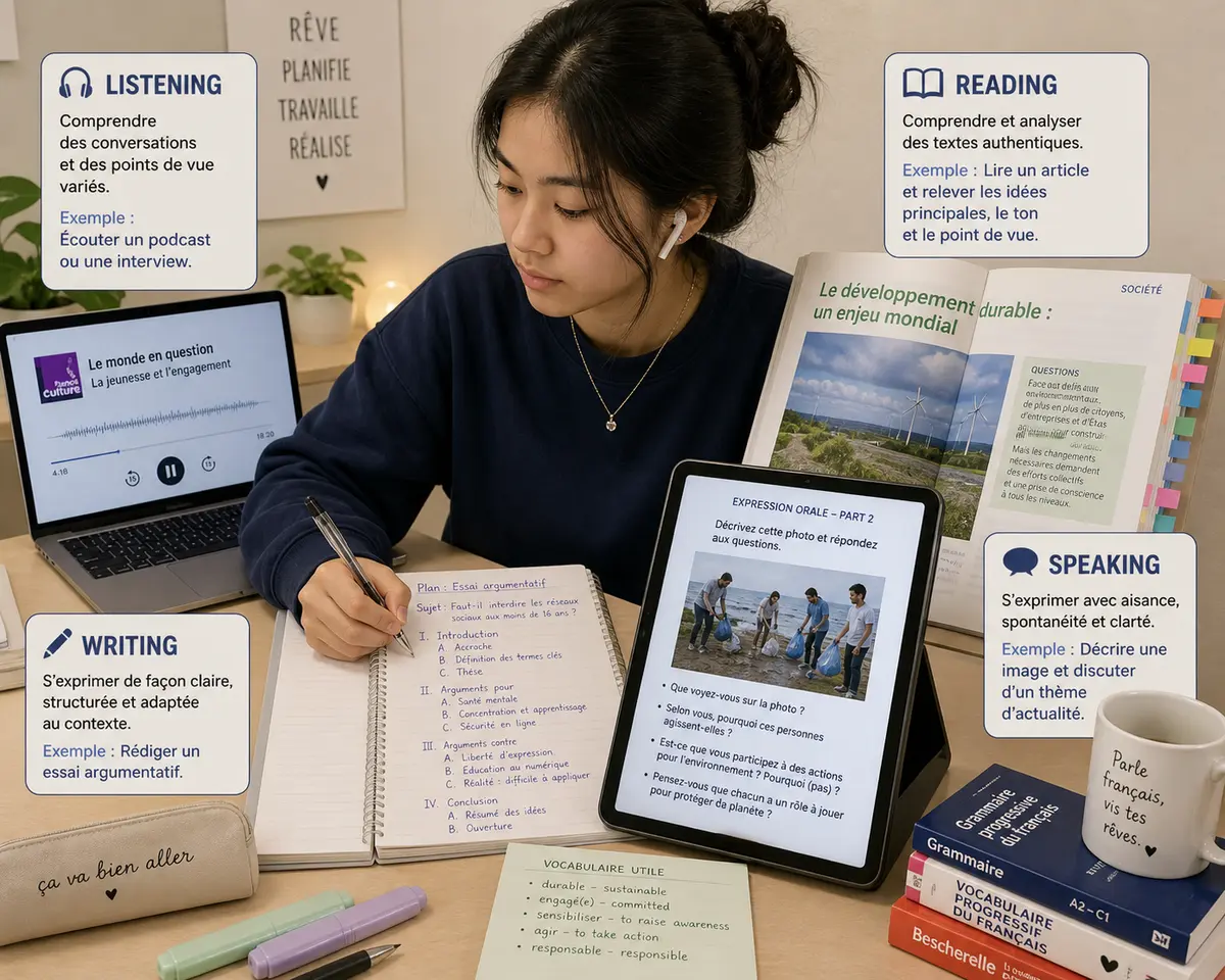 A student studying French with headphones and notebook at a desk