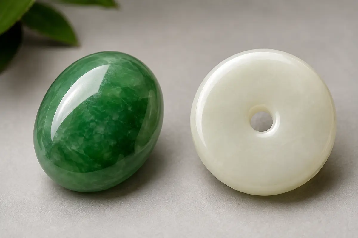 Two polished jade stones — one vivid green jadeite cabochon and one creamy white nephrite disc — side by side on a neutral surface