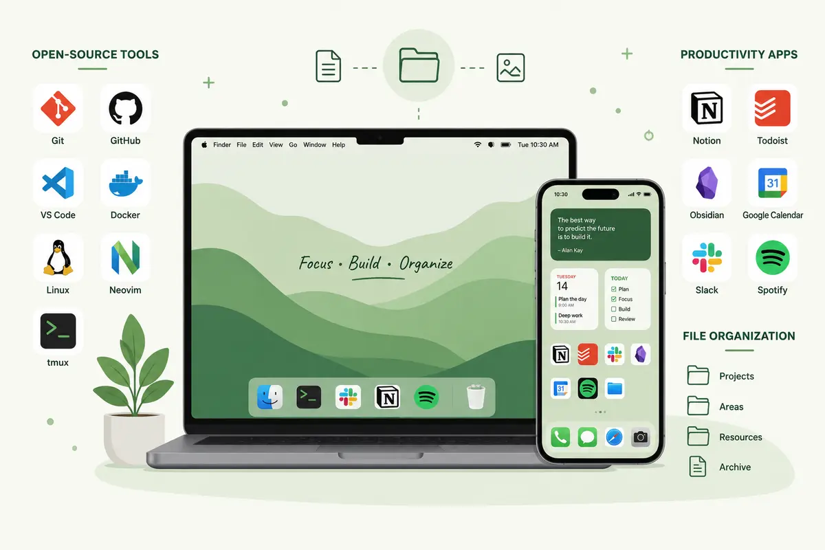 Open-source tools and productivity on Apple devices — a developer working across a Mac and iPhone with productivity apps open