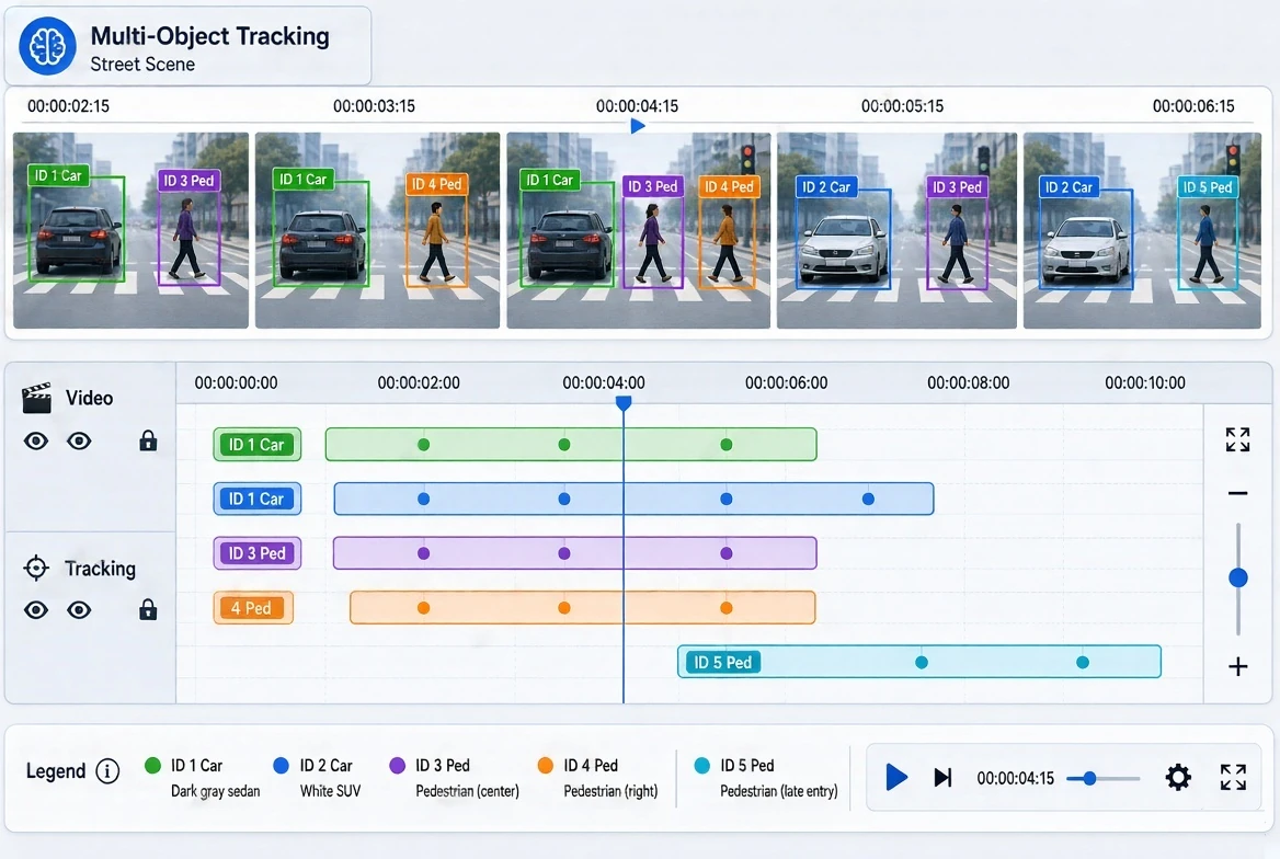 Annotators labeling bounding boxes and object IDs on a timeline of video frames showing cars and pedestrians