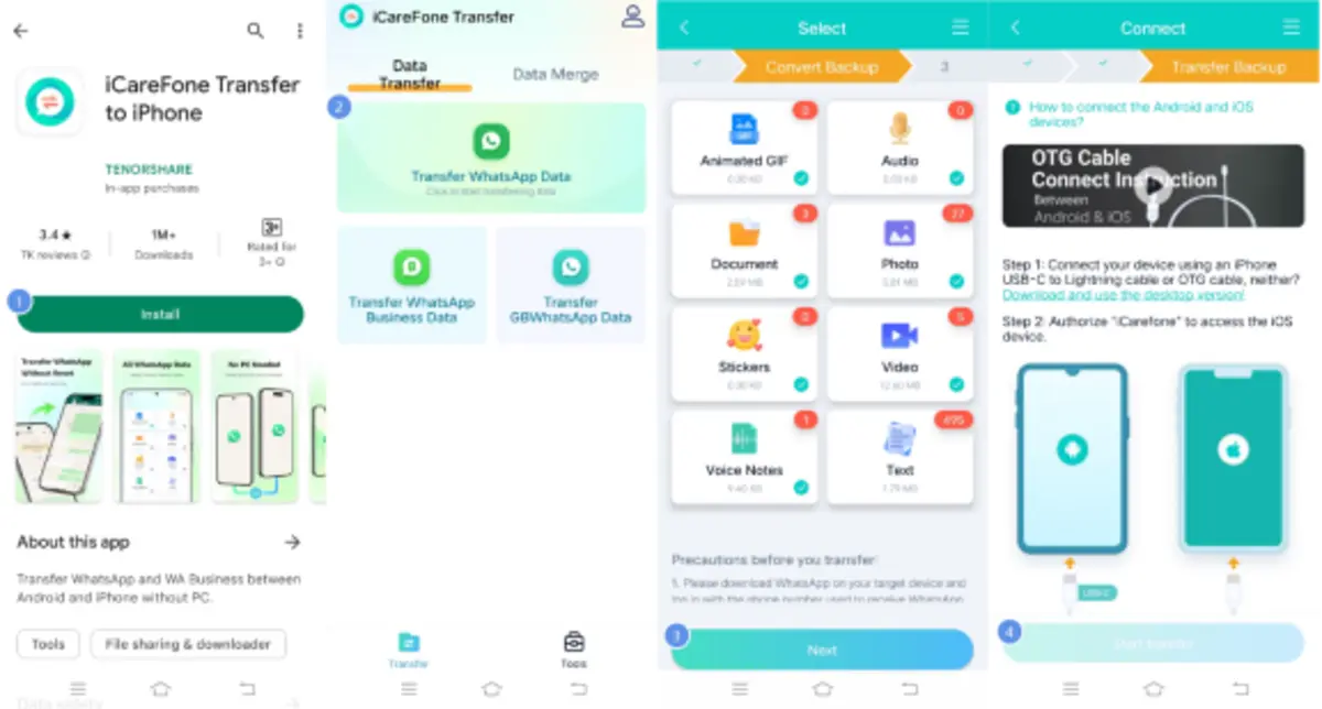 iCareFone Transfer showing WhatsApp iPhone to Android migration in progress